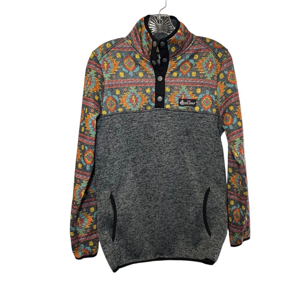 Women's Simply Southern Aztec Pullover Size S With Pockets & Quarter Snaps.